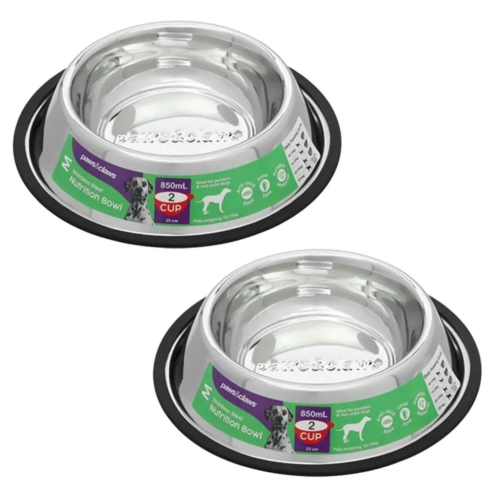2x Paws & Claws 850ml Stainless Steel Dog/Cat Drinking/Meal Anti-Skid Bowl BLK