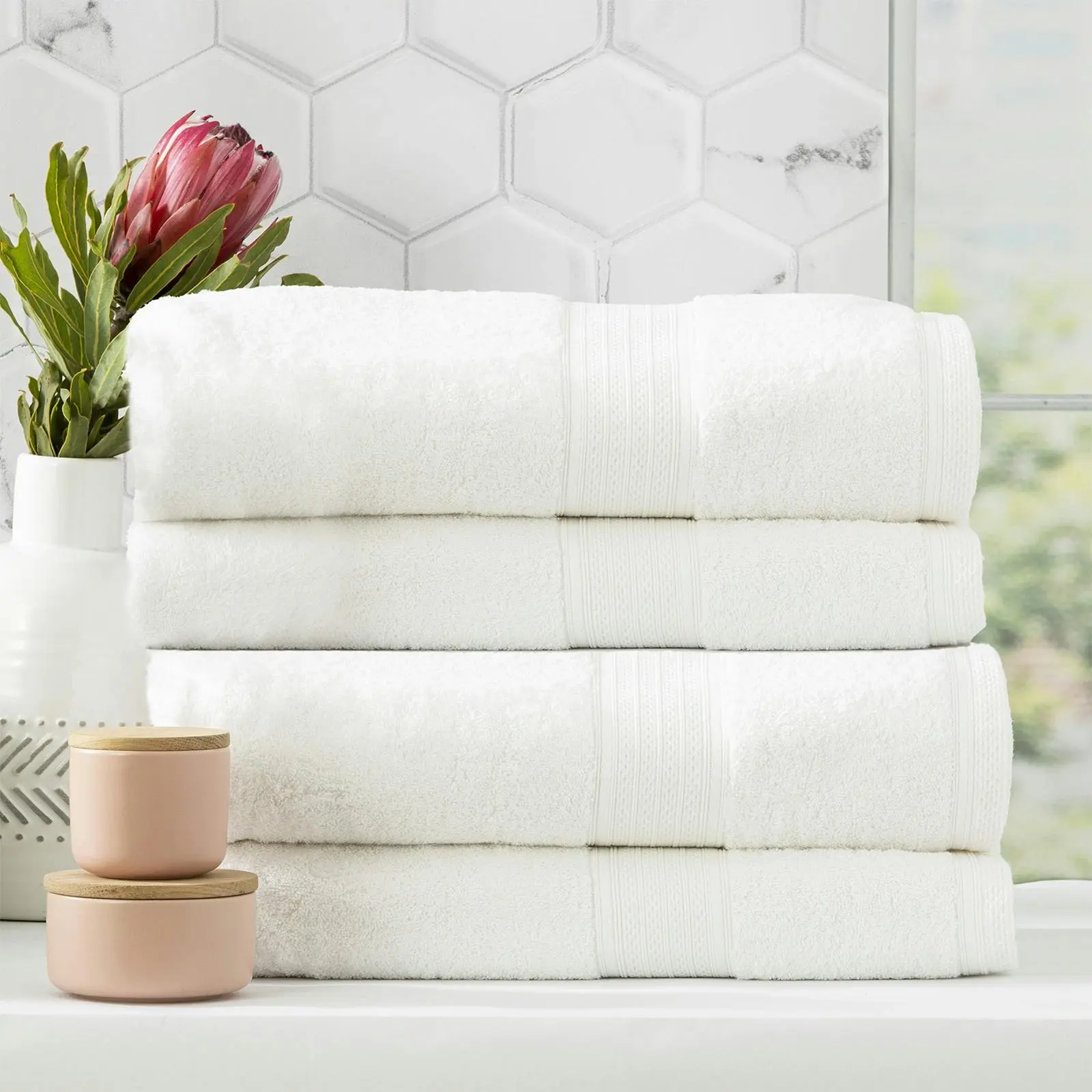 4pc Renee Taylor Stella Shower/Bath Towel Soft 140cm Bamboo Cotton 650 GSM White - Home & Garden
