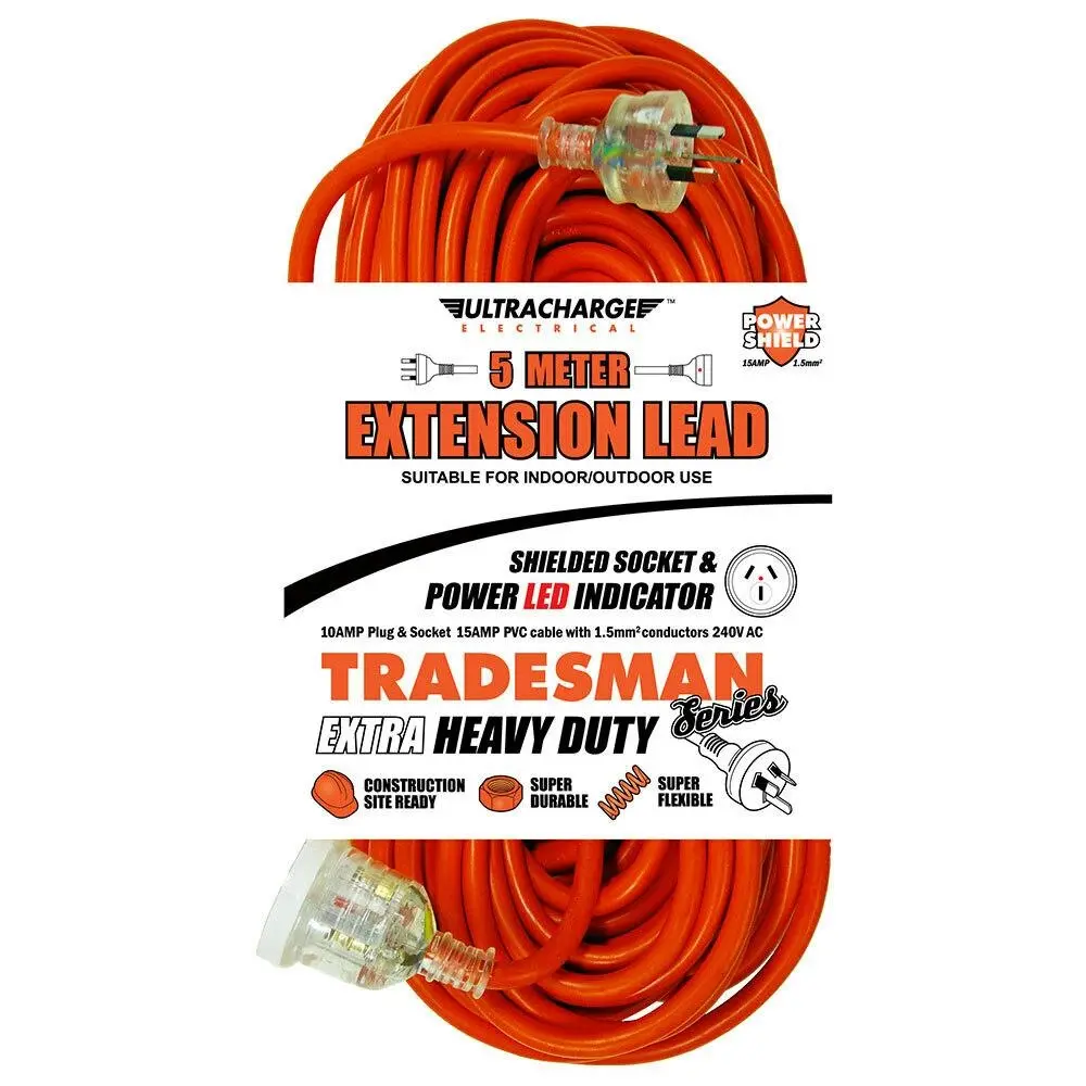 UltraCharge 5m Extension Lead Cable 10A Extra Heavy Duty Cord Plug/Socket Red - Electronics