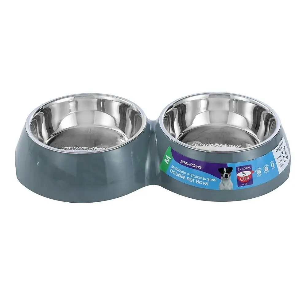 2pc Paws & Claws Melamine Pet/Dog/Cat 400ml/14cm Double Bowl Feeding Dish Grey - Pets