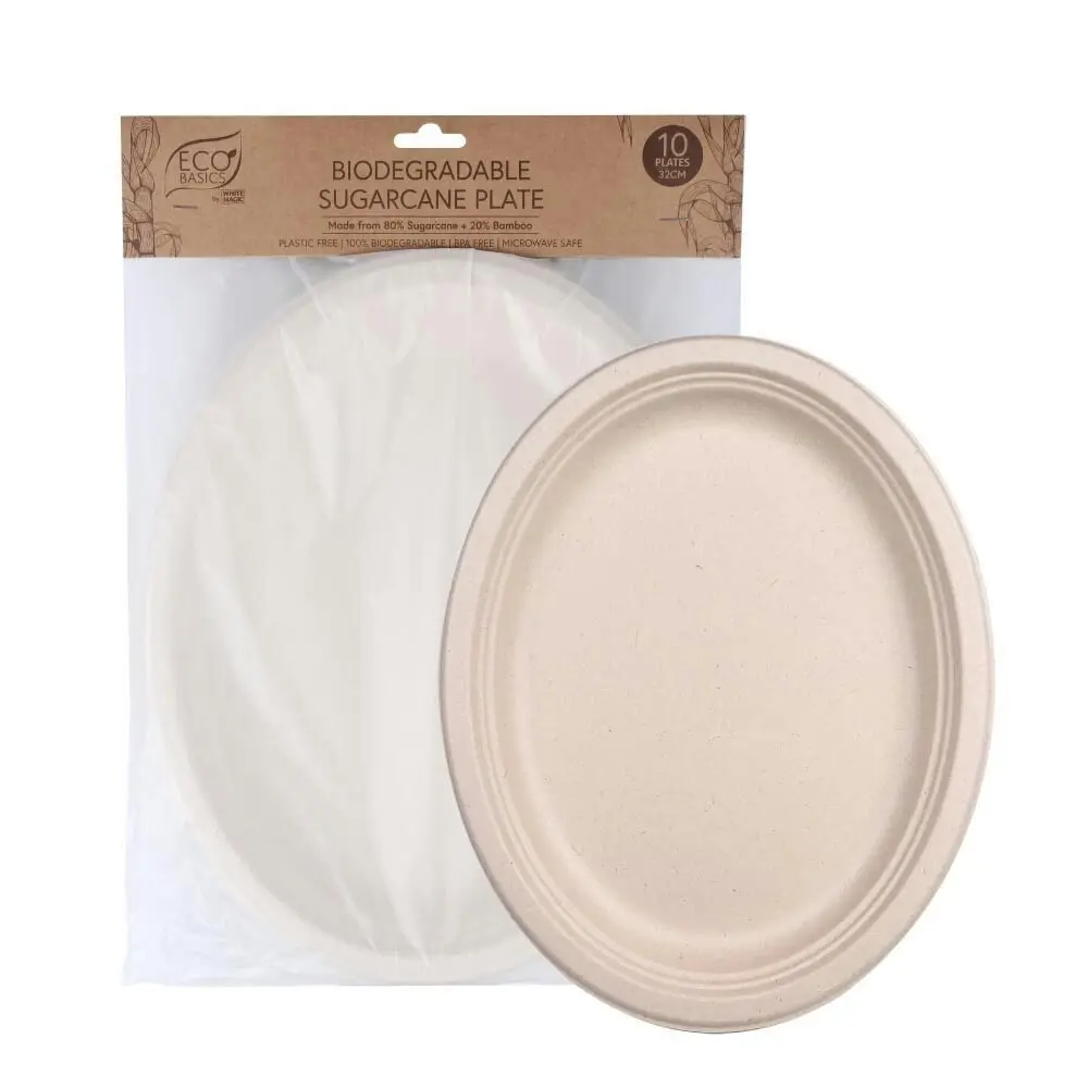 10pc Eco Basic 32cm Biodegradable Sugarcane Food Dining Round Plate Picnic/Party - Hobbies
