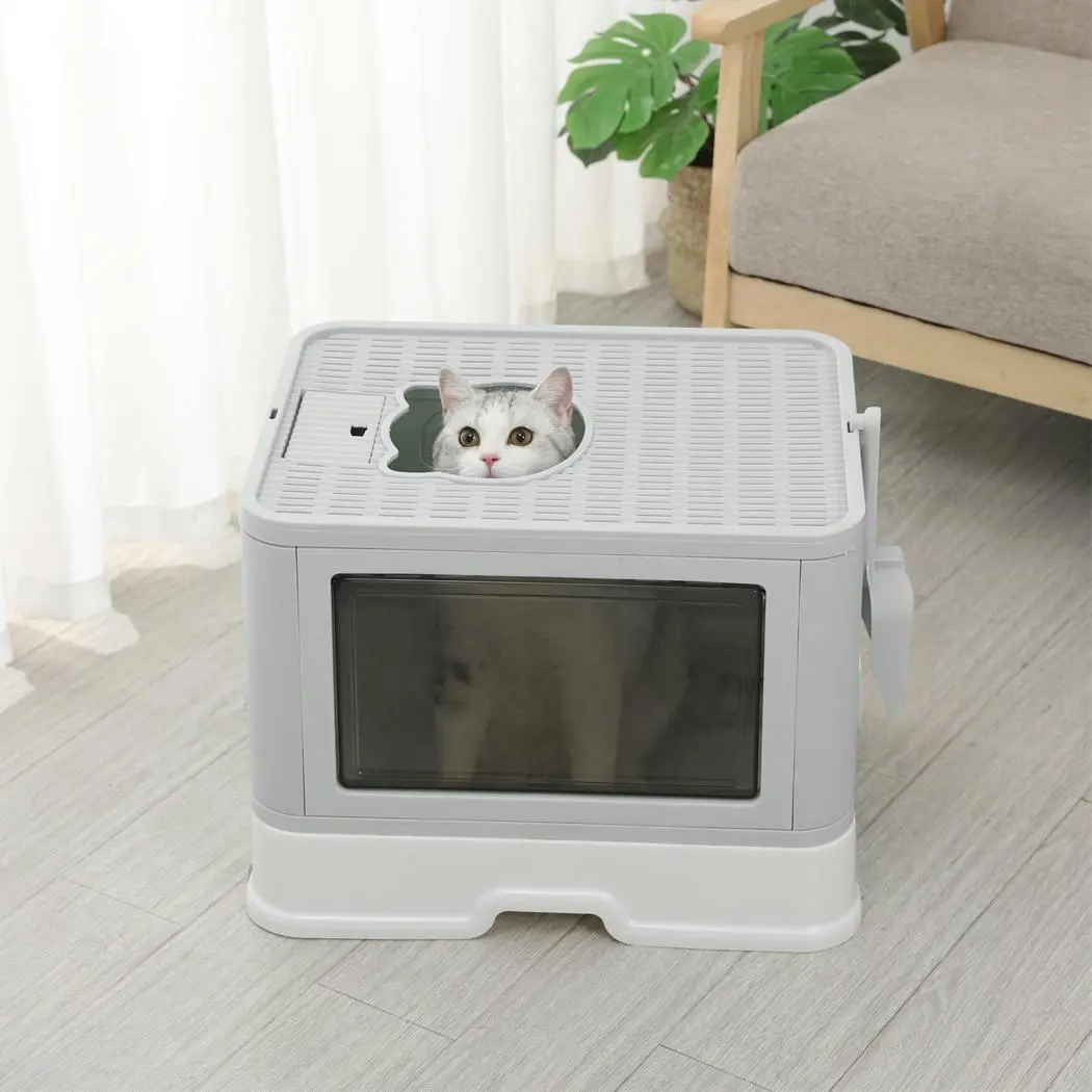Pawz Foldable Cat Litter Box Tray Enclosed Kitty Toilet Hood Hair Grooming Grey - Pets