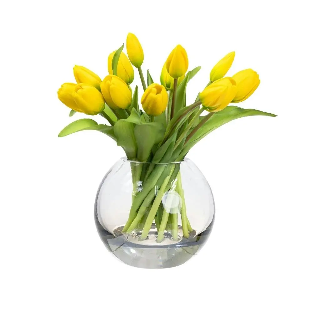 Glamorous Fusion Yellow Tulip Artificial Faux Flower Plant Decorative Arrangement In Fishbowl - Home & Garden