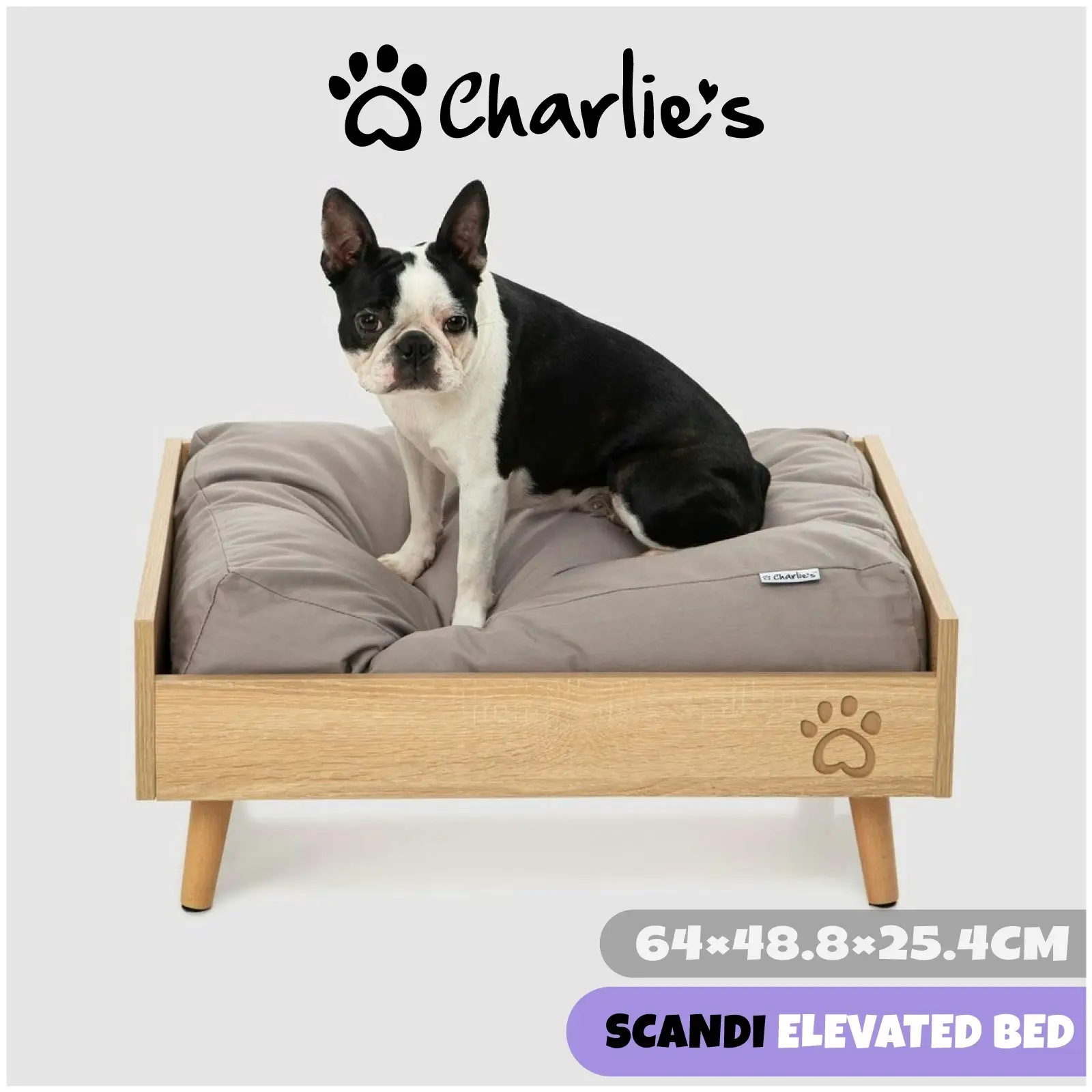 Charlie's Scandi Elevated Bed with Natural Frame & Grey Mattress - Pets