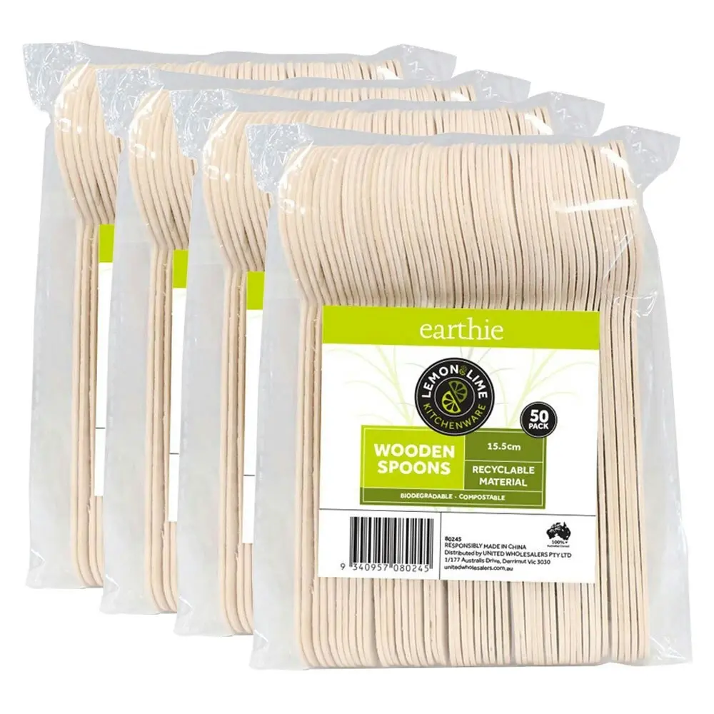 200PK Lemon & Lime Eco Wooden Spoons Biodegradable Party Tableware Cutlery Beige - Hobbies