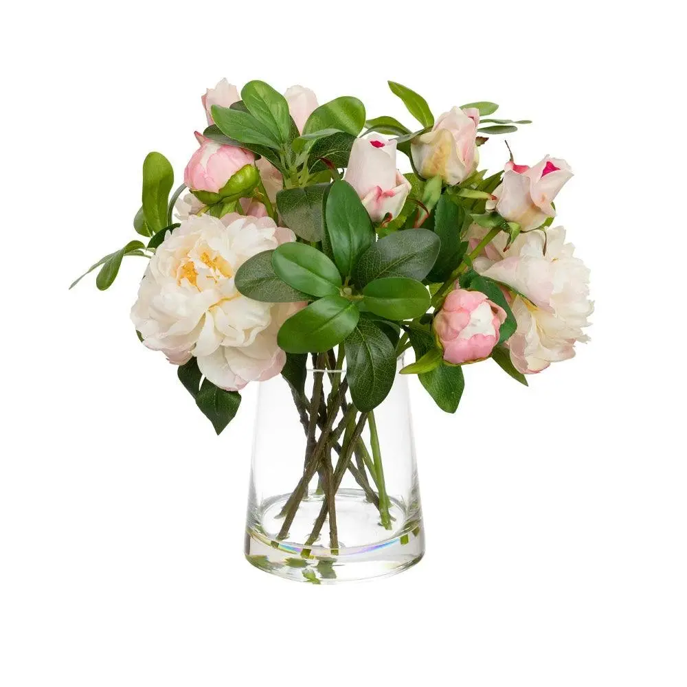 Glamorous Fusion Pink Peony & Rose Artificial Faux Plant Flower Decorative Mixed Arrangement 36cm In Glass - Home & Garden