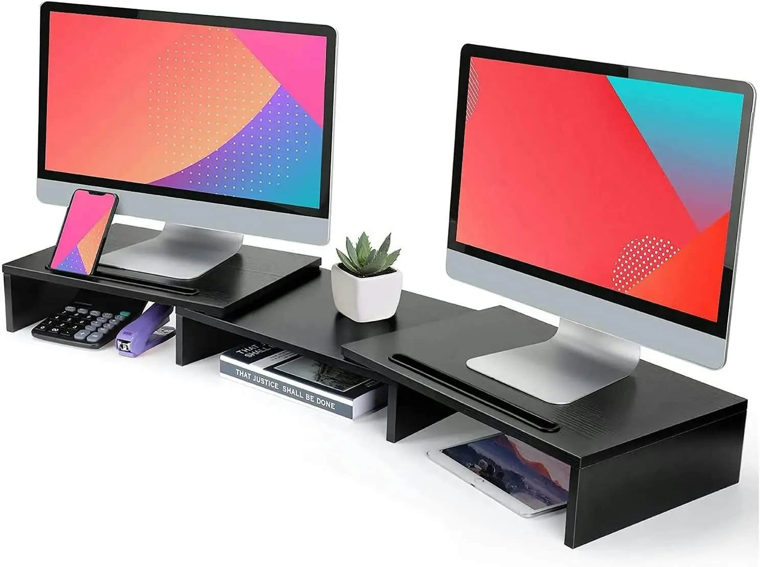 Dual Monitor Stand Riser 3 Shelf Adjustable Length Angle 2 Extra PC Laptop - Electronics