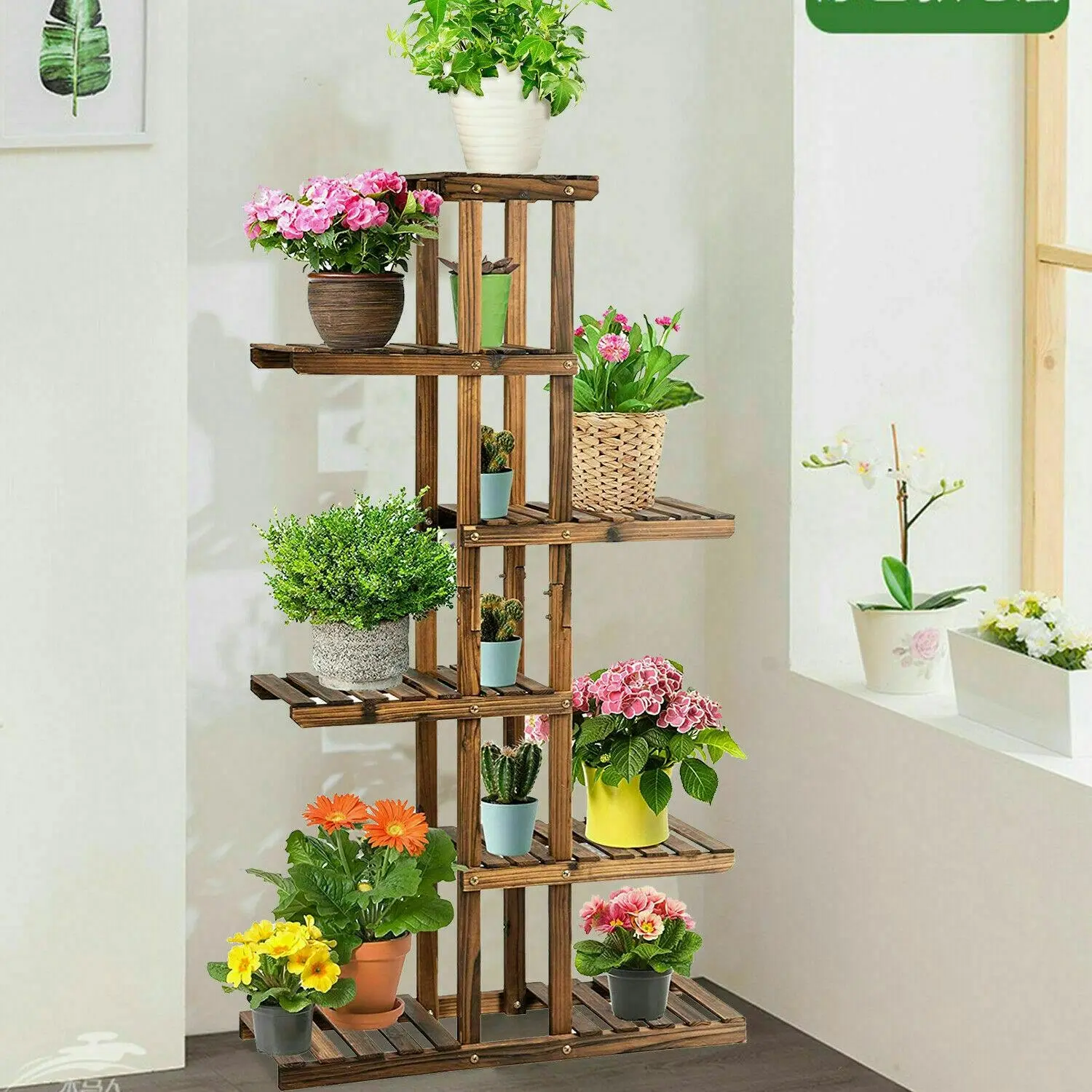 Fin 52" Tall Wooden Flower Display Stand Planter Shelf Multifunctional Storage Rack - Home & Garden