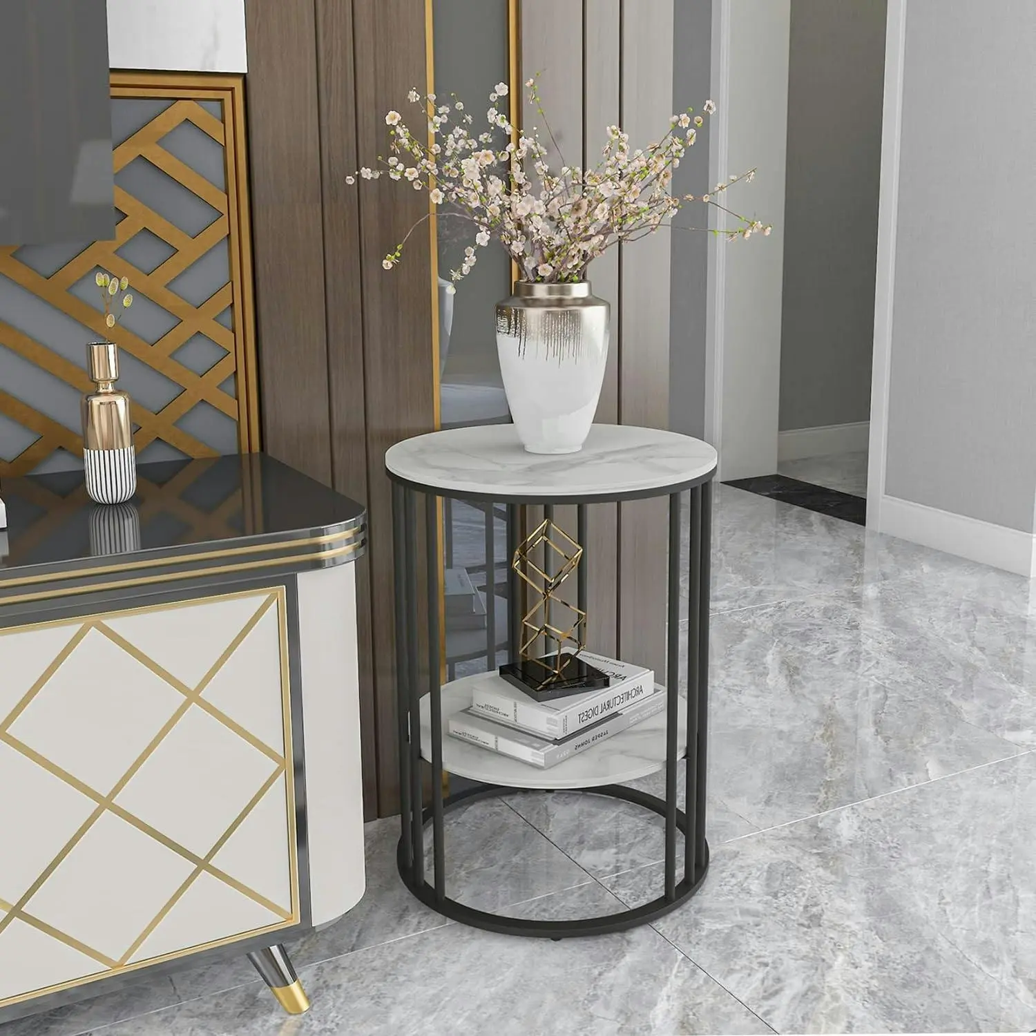 Small Round Marble Side Table White Bedside - Furniture
