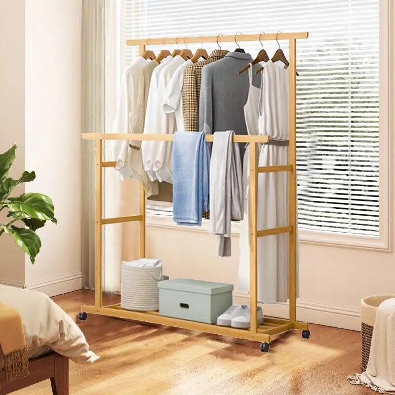 Fin Rolling Bamboo Clothes Rail Full Open Wardrobe Garment Rack Stand Trousers Bar - Home & Garden