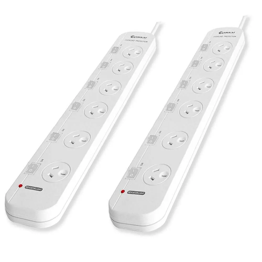 2PK Sansai 6 Way Individually Switched Outlets Powerboard w/ Overload Protection - Electronics
