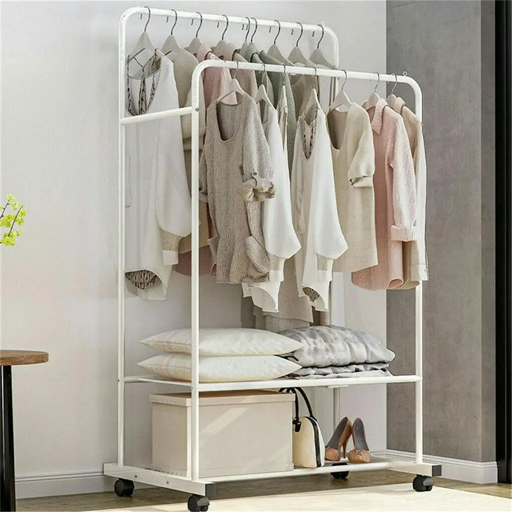 White Double Rail Rolling Clothes Rack with Shoe Storage - Home & Garden
