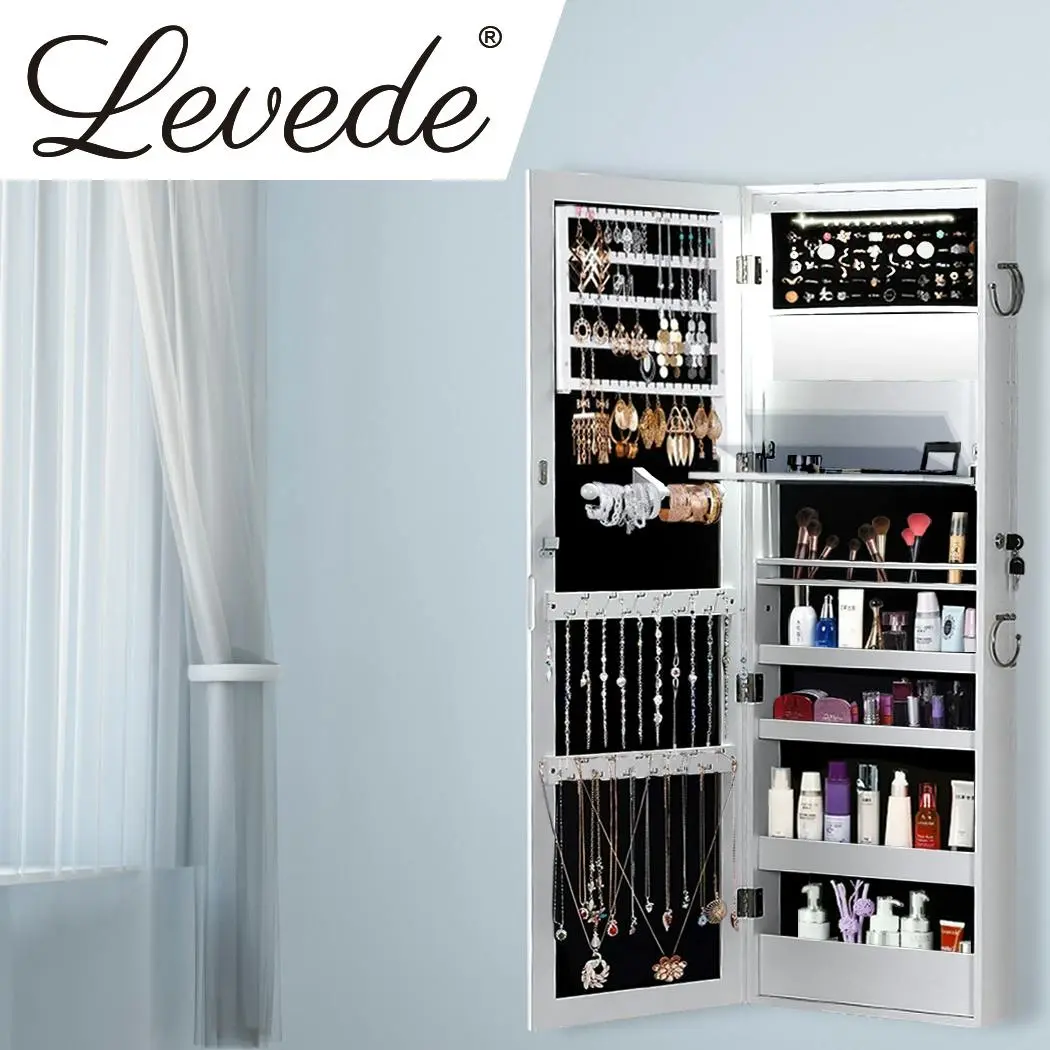 Levede Mirror Jewellery Cabinet Jewelry Box Wall Mounted Hang Over LED White - Home & Garden