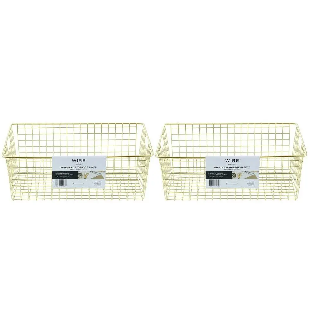 2x Boxsweden 40x15cm Wire Storage Basket Kitchen/Bath Organiser Container Gold - Home & Garden