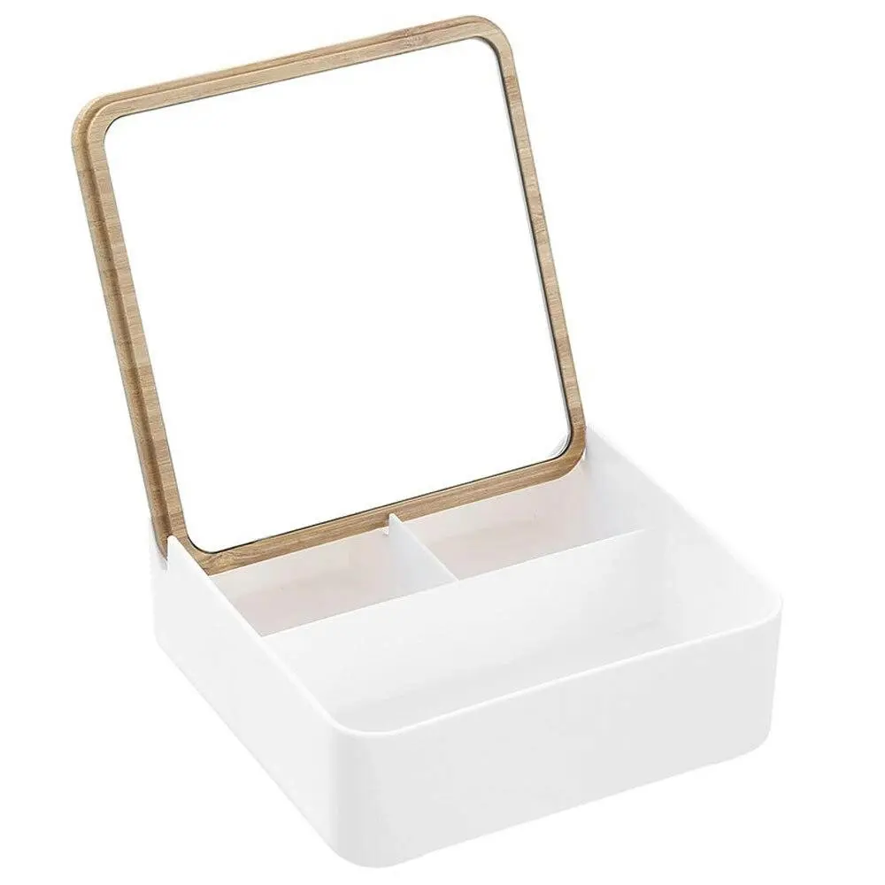 Boxsweden Bano Square 14cm Organiser Storage w/ Mirror Bamboo Top Home Decor - Home & Garden