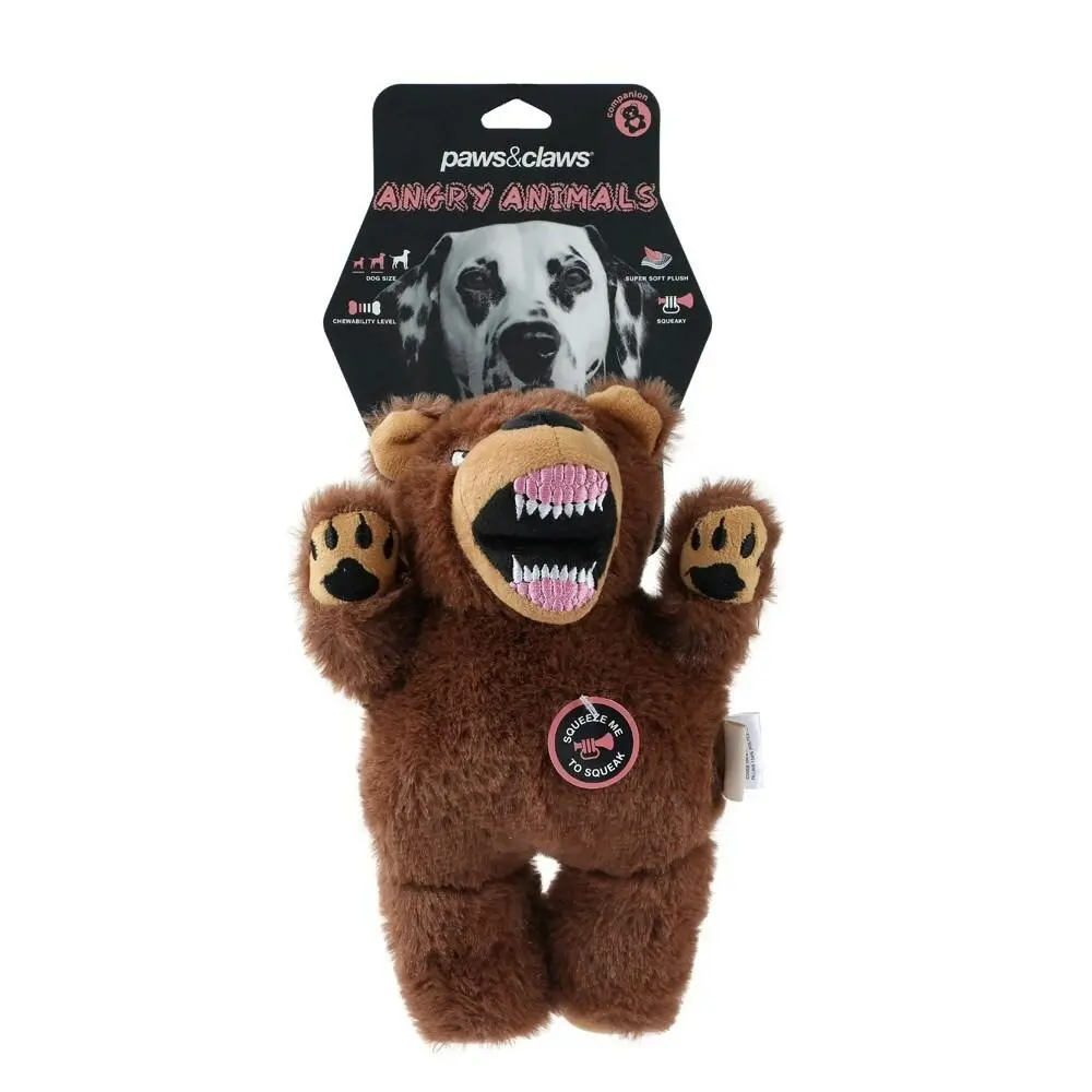 Paws & Claws 35cm Angry Animals Interactive Plush Bear Dog Toy w/ Squeaker Brown - Pets