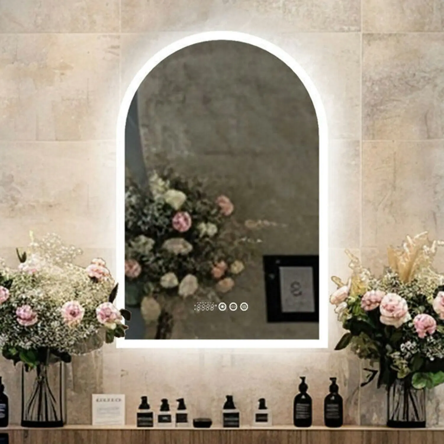 Fin Smart Arched Illuminated Led Bathroom Mirror Antifog With Clock Temperature Week - Home & Garden