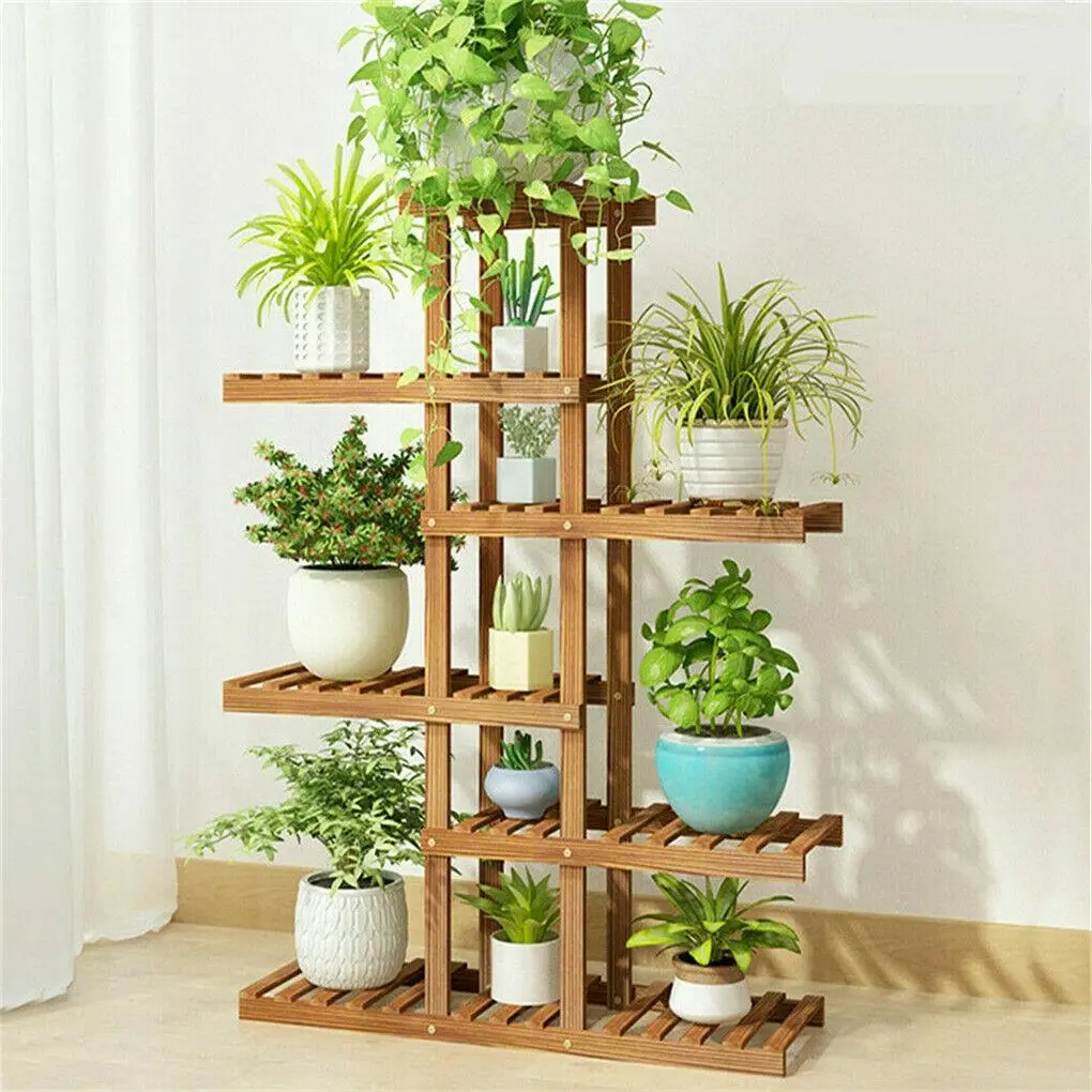 Fin 6 Tier Strong Flower Plant Pot Shelf Stand Display Garden Rack Step Style Wooden - Home & Garden