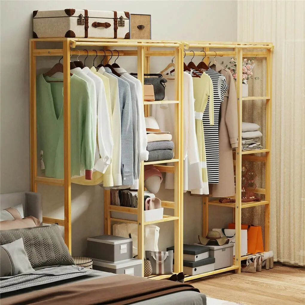 Fin Extra Large Solid Bamboo Garment Rack Freestanding Closet Wardrobe Clothing Rack - Home & Garden