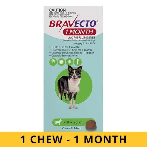 BRAVECTO For Dogs 10 to 20 Kg (GREEN) MONTHLY 1 Chew - Pets