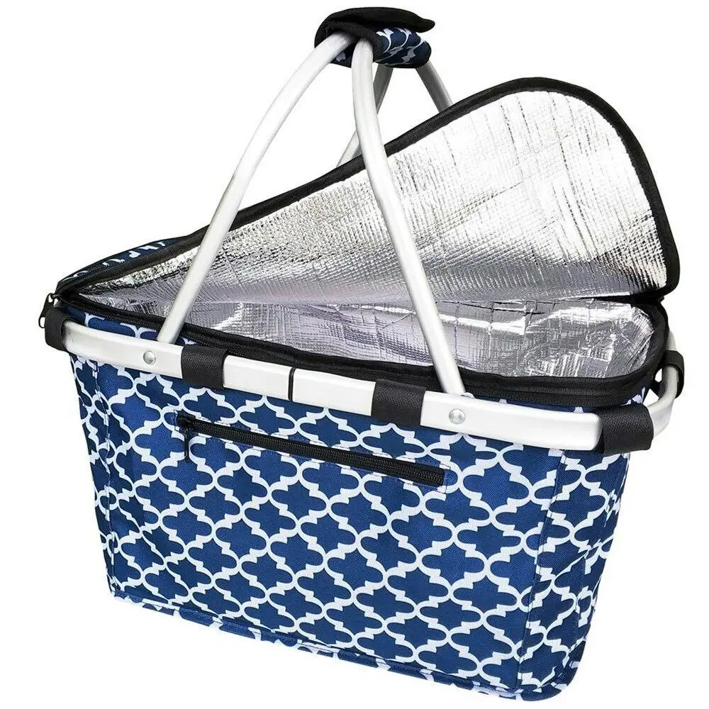 Sachi Picnic 47x28cm Collapsible Insulated Carry Basket w/ Lid Moroccan Navy - Home & Garden