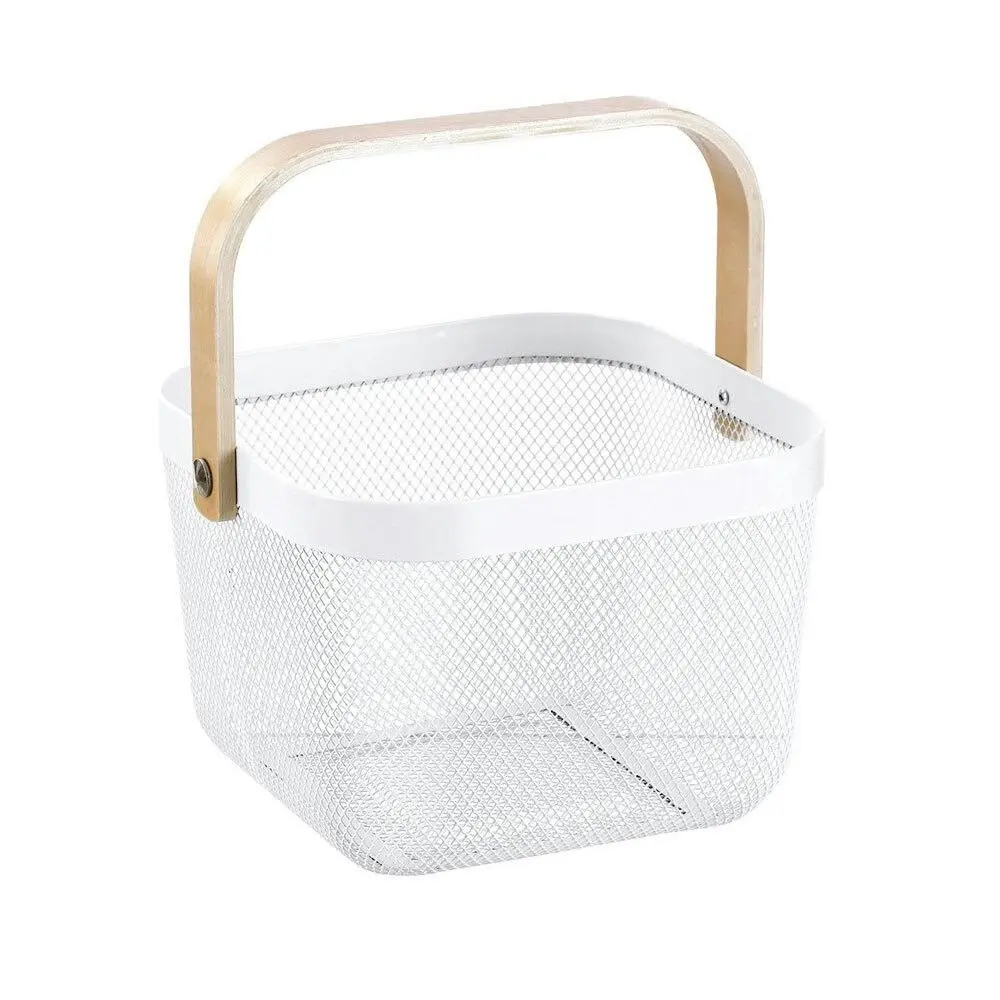 Boxsweden 25x25x17cm Mesh Home Storage Basket/Organiser w/Wooden Handle White - Home & Garden