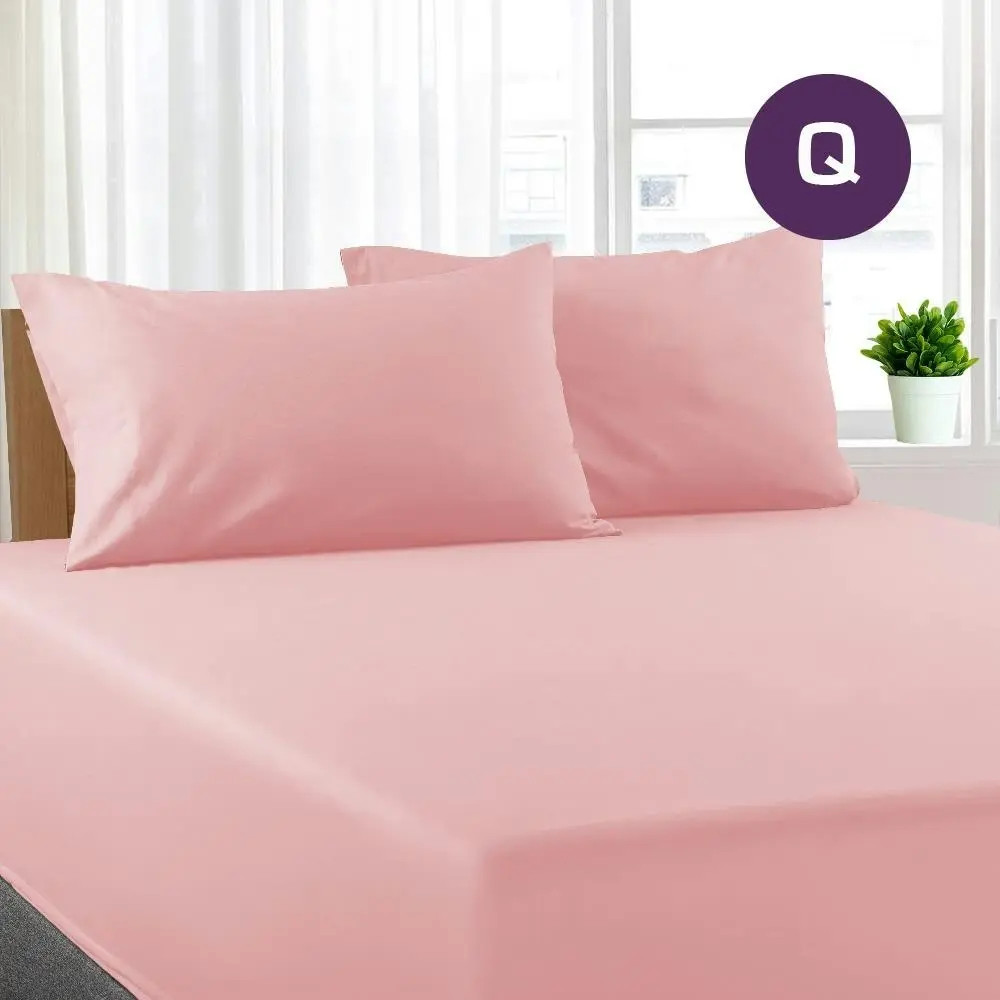 Queen Size Light Pink Color Poly Cotton Fitted Sheet + Pillowcase - Home & Garden