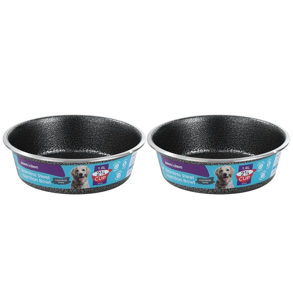 2x Paws & Claws Pet/Dog 21cm/1.5L Stainless Steel Bowl/Feeder Speckled Gunmetal - Pets