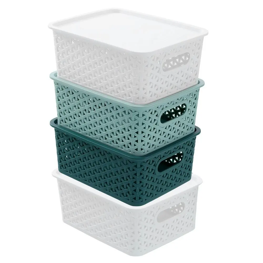 4x Boxsweden Wicker 25cm Woven Basket Home Organiser Storage w/ Lid Small Asst - Home & Garden