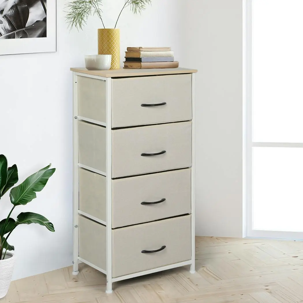 Levede Storage Cabinet Tower Chest of Drawers Dresser Tallboy 4 Drawer Beige - Furniture