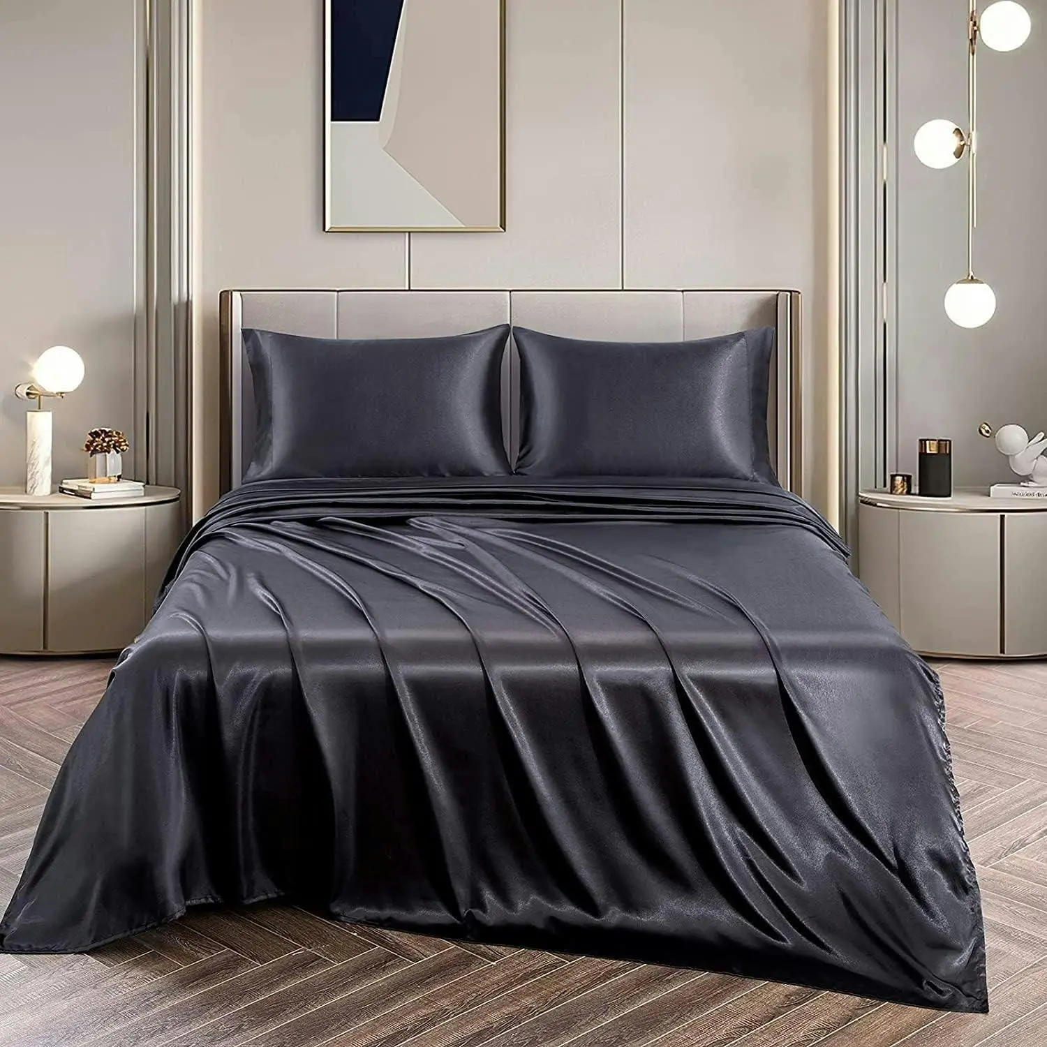 Soft Silky Satin Sheet Set 4pc 2000TC Queen Deep Pocket Flat Fitted Black - Home & Garden