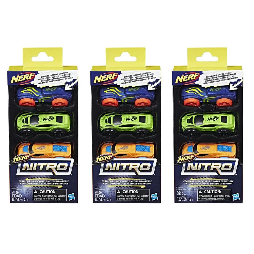 3x 3pc Nerf Nitro Foam Car Vehicle Kids/Children 5y+ Play Toys Assorted Colour - Toys & Games