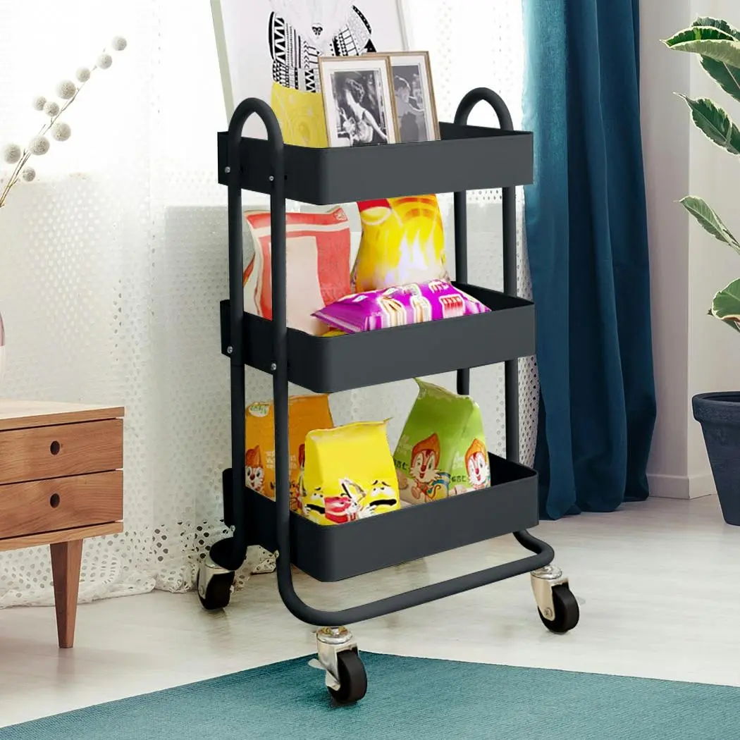 Levede 3 Tiers Kitchen Trolley Cart Steel Storage Rack Shelf Organiser Grey - Home & Garden