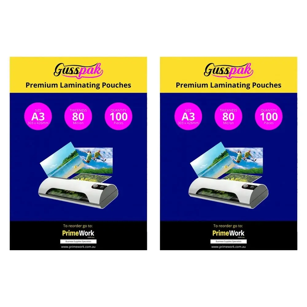 200pc Gusspak Laminating Protective Pouches A3 Page/Poster 80 Micron Gloss - Office