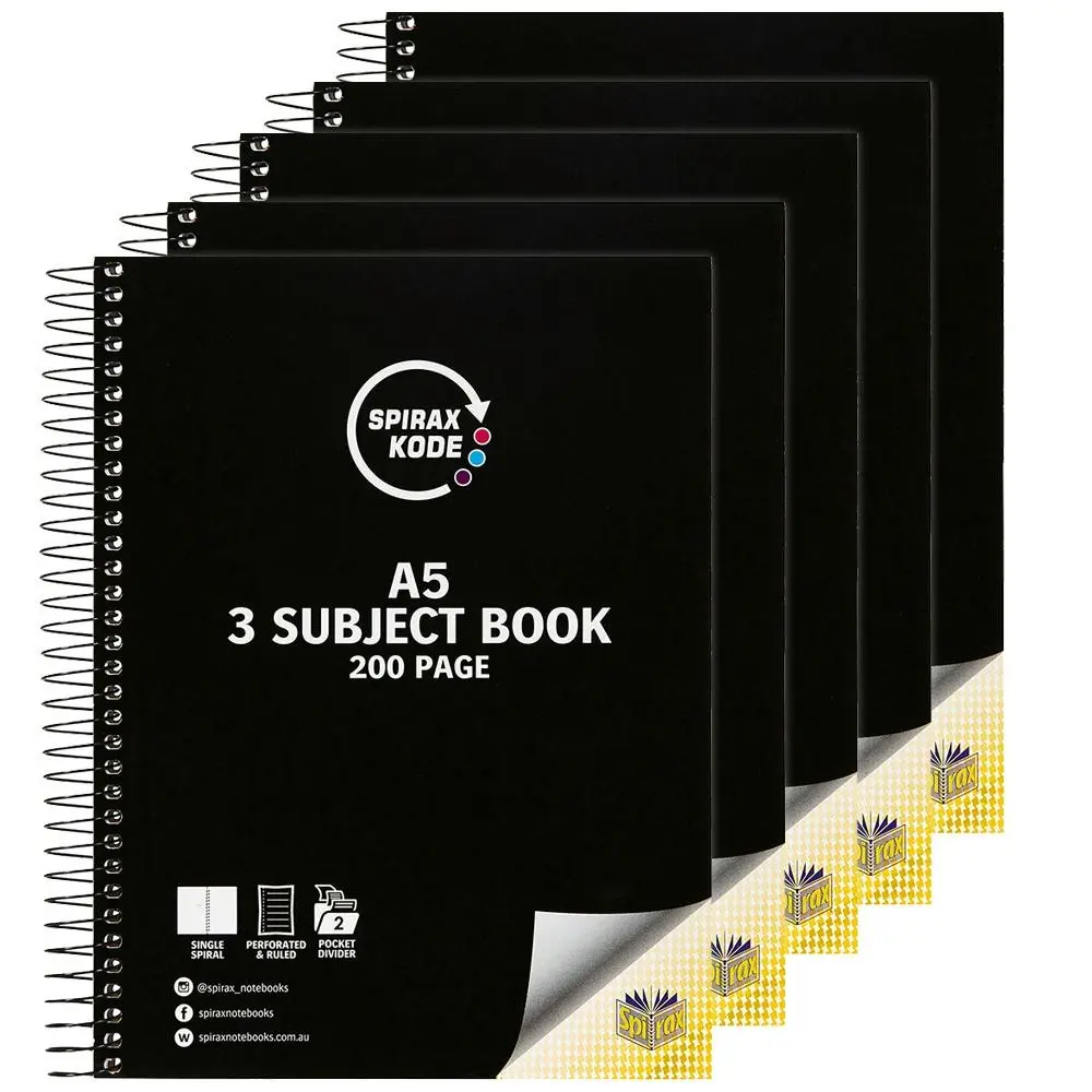 5pc Spirax Kode A5 3 Subject Book 200pg Paper/Notebook Assorted w/ Dividers - Office