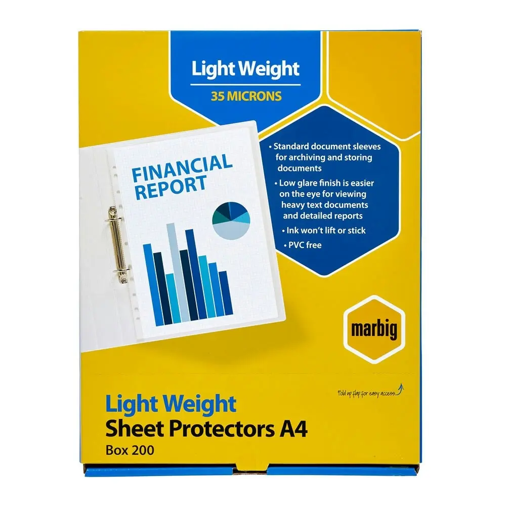 200pc Marbig Light Weight Plastic A4 Sheet Protectors Document Sleeves Clear - Office