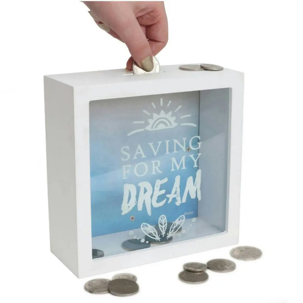 Splosh Saving For My Dream Fund Wood Change Box Storage 18x18cm Square White - Hobbies