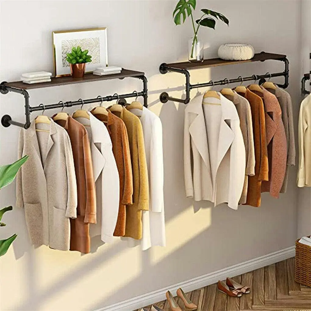 Industrial Pipe Clothing Rack Heavy Metal Clothe Rail Hanging Rack Display Shelf - Home & Garden