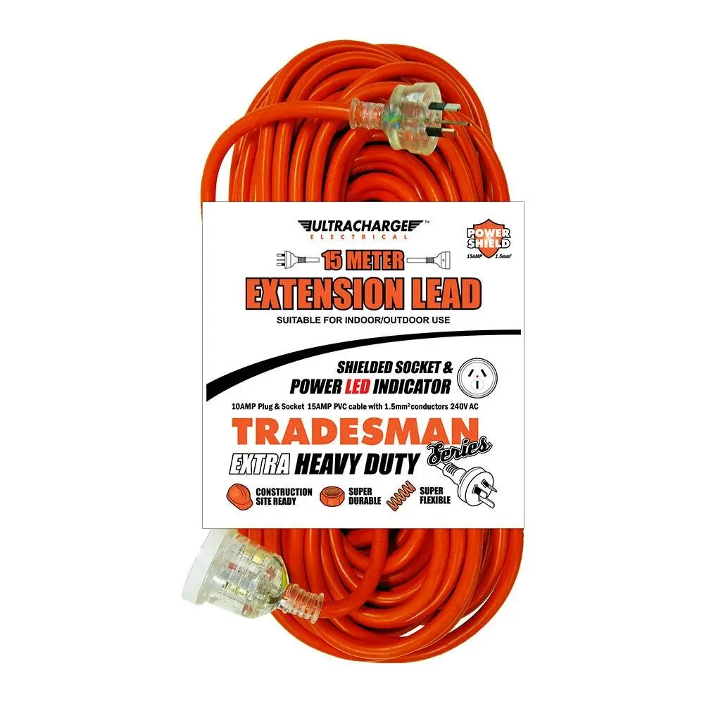 UltraCharge 15m Extension Lead Cable 10A Extra Heavy Duty Cord Plug/Socket Red - Electronics