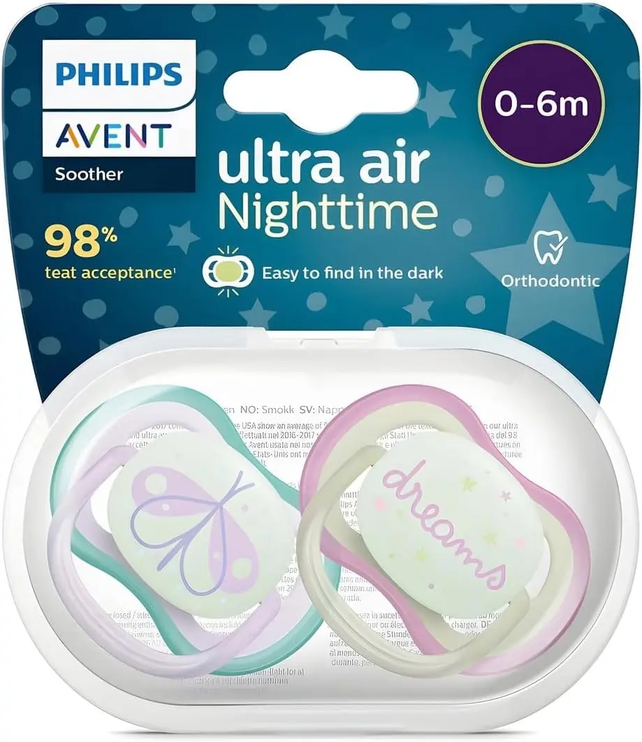 Philips Avent Ultra Air Soother Nighttime Glow, 0-6 Months, 2-pack