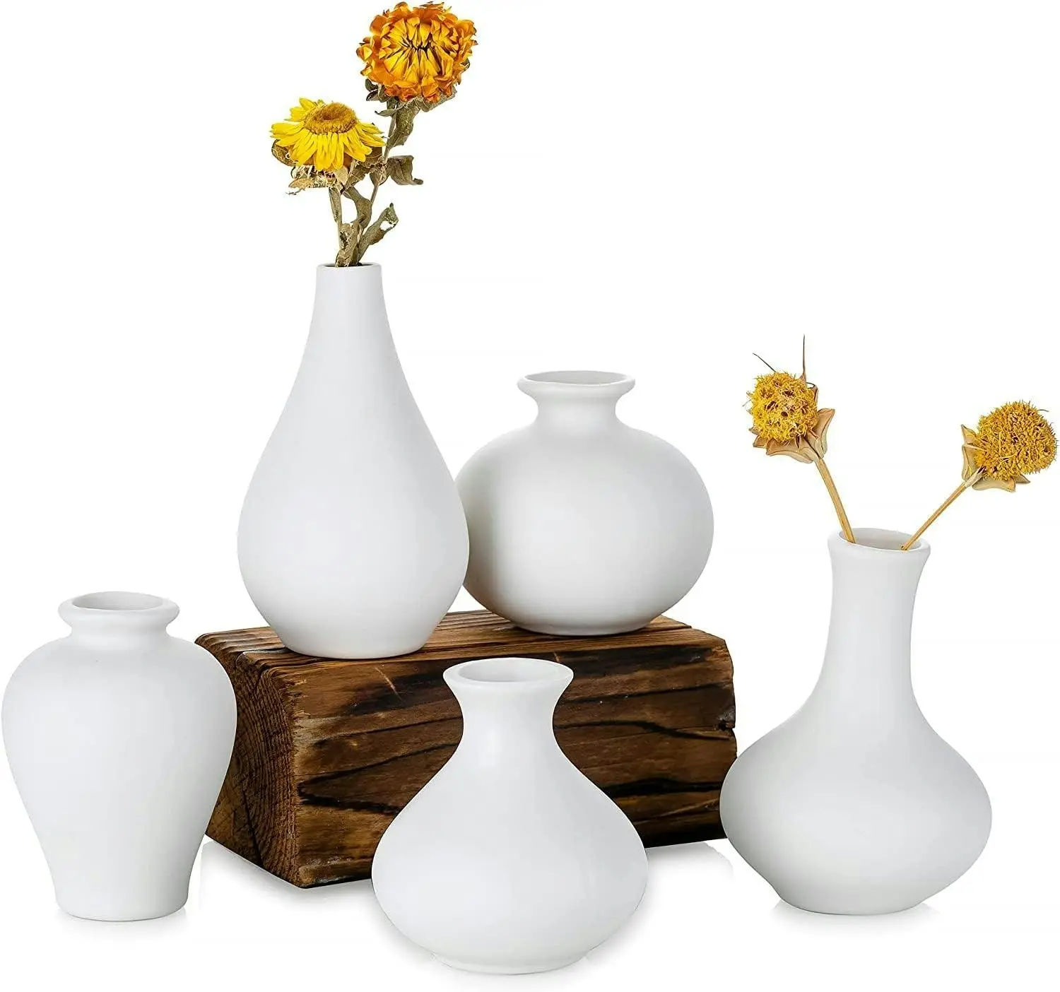 Ceramic Set of 5 White Vases for Home Décor - Home & Garden
