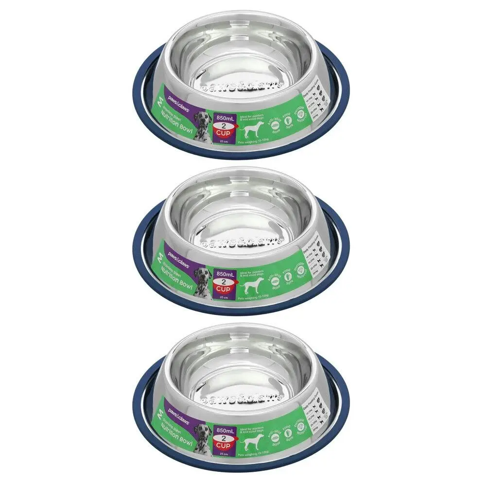 3x Paws & Claws Dog Feeding Bowl 850ml/25cm Pet Food Stainless Steel Feeder Blue - Pets