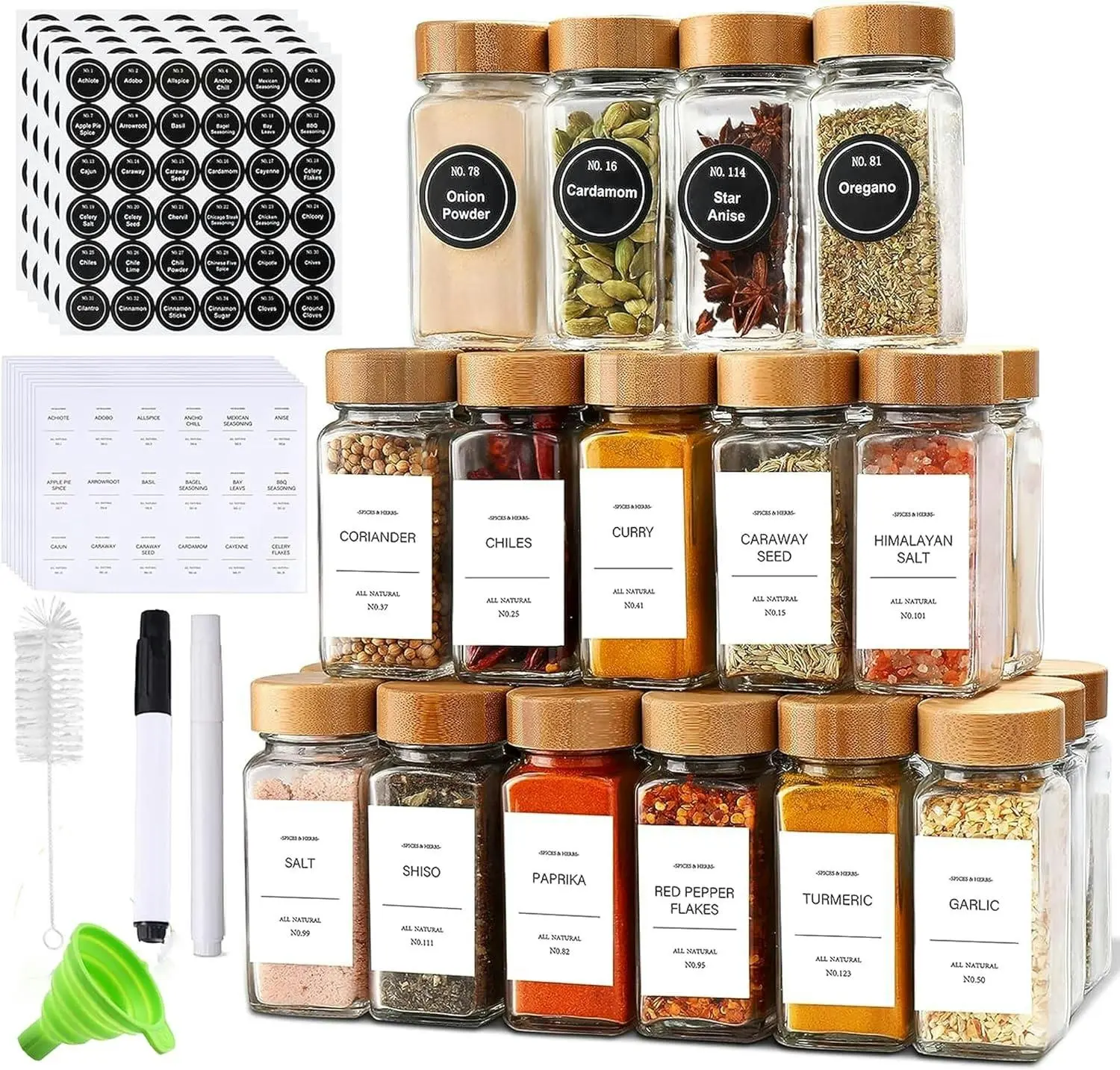24pcs Glass Spice Jars Bamboo Lids Square Storage Preprinted Labels - Home & Garden
