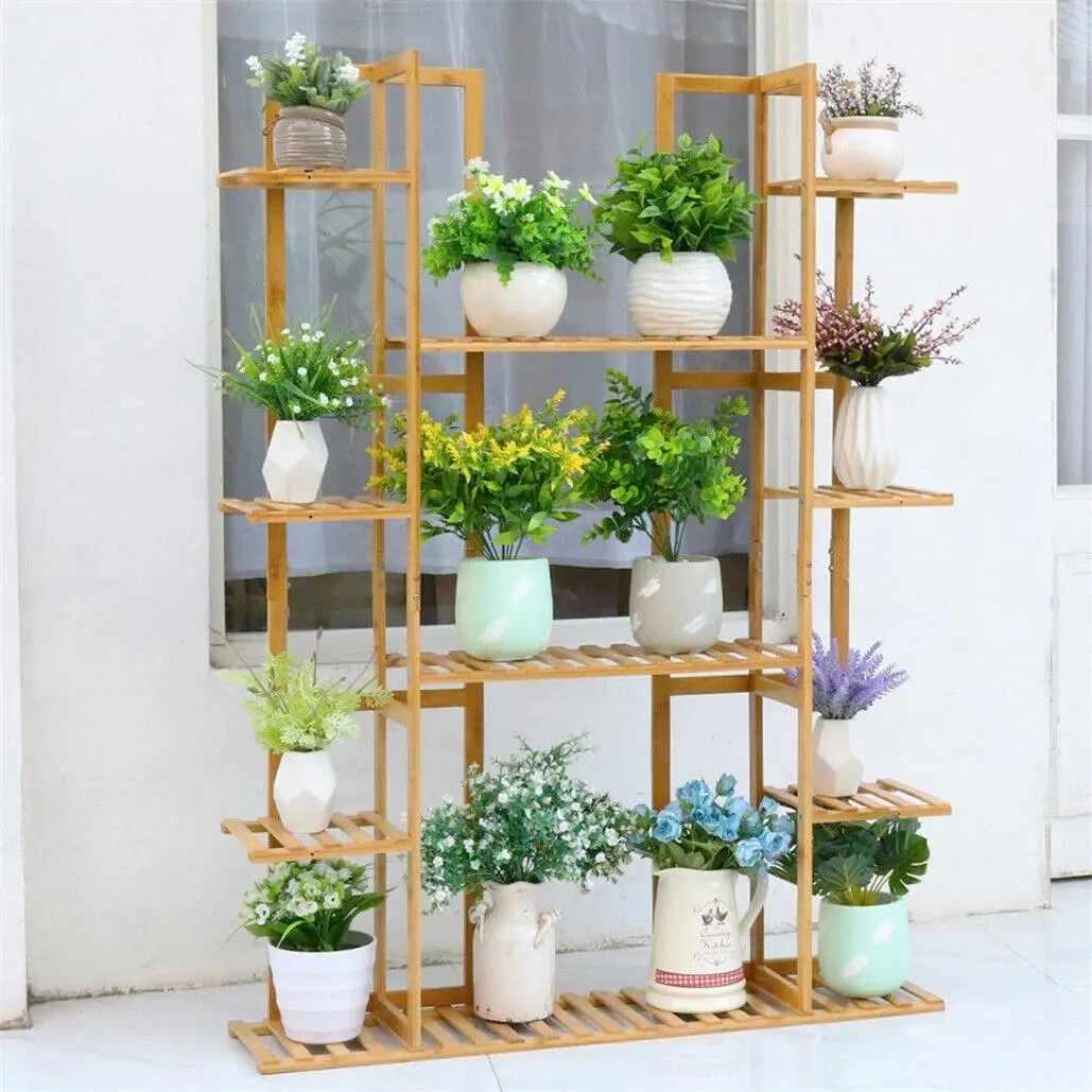 Large Capacity Plant Stand Tall Flower Pot Display Storage Rack Antiseptic Bambo - Home & Garden