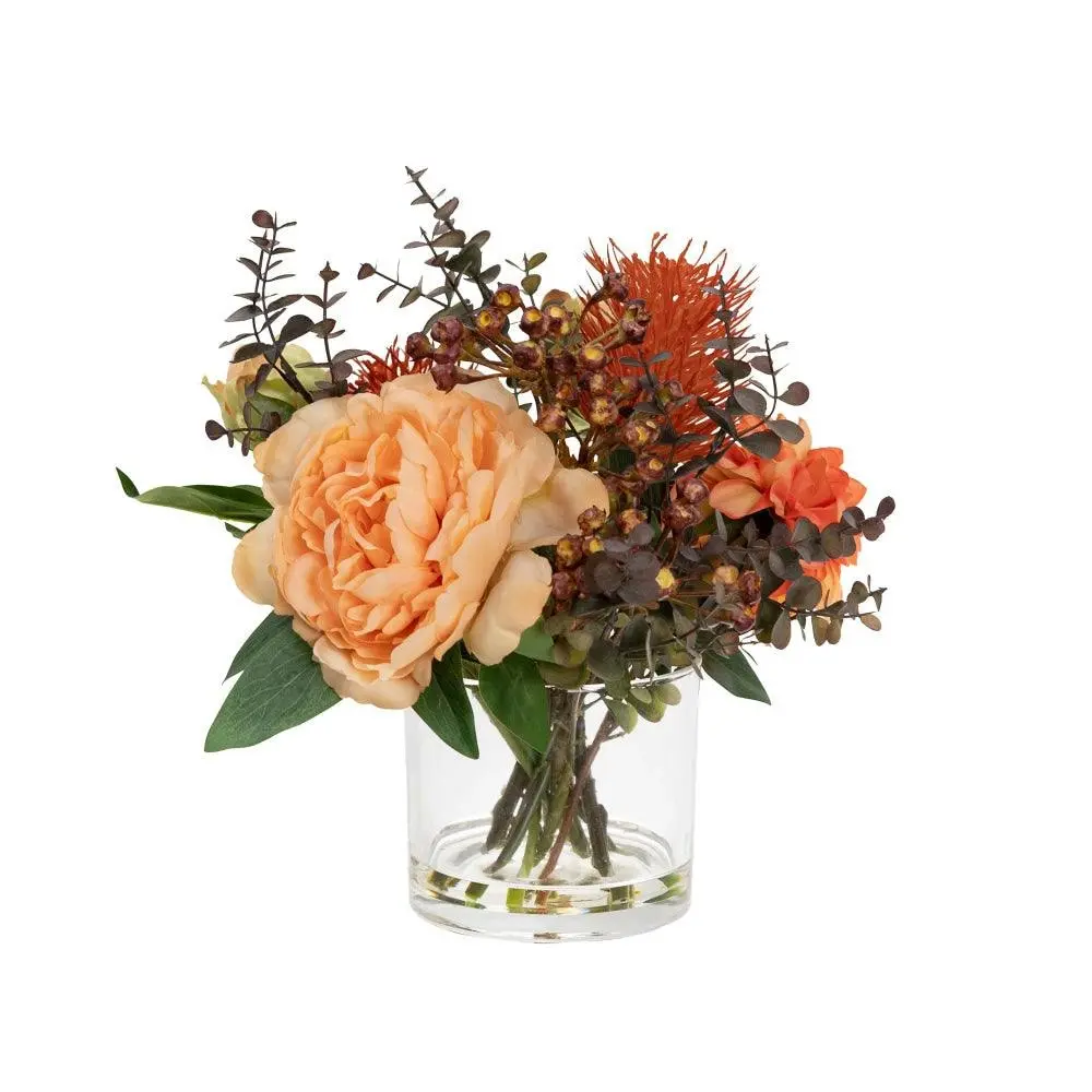 Glamorous Fusion Peony & Banksia 30cm Peach Artificial Faux Plant Flower Decorative Mixed Arrangement In Glass - Home & Garden