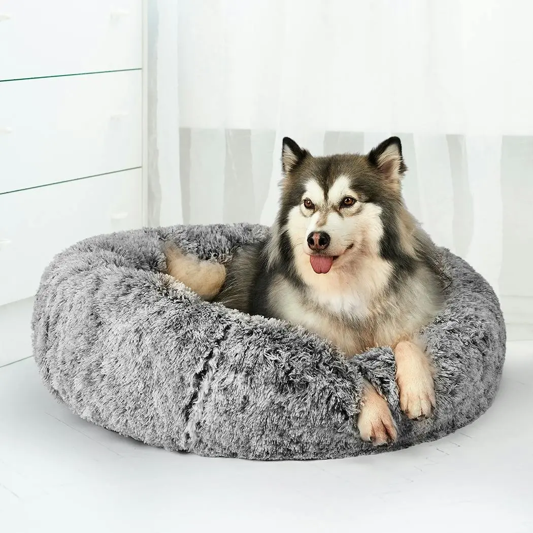 Pawz Pet Bed Cat Dog Donut Nest Calming Mat Soft Plush Kennel Charcoal Size L - Pets