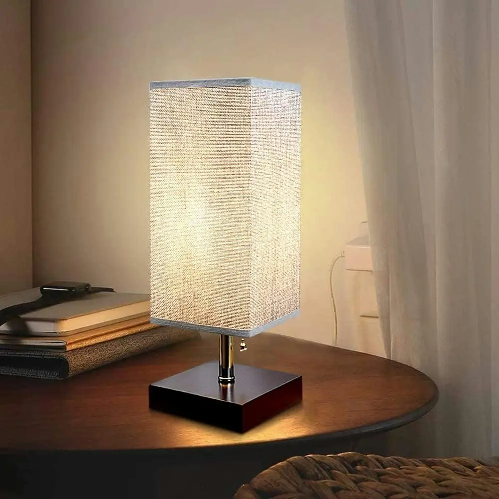 Bedside Table Lamp USB, Desk Lamp Bedroom, Living Room, Dorm, Kids Room, Hotel, Modern Grey Square Fabric Shade (Bulb Included) - Home & Garden