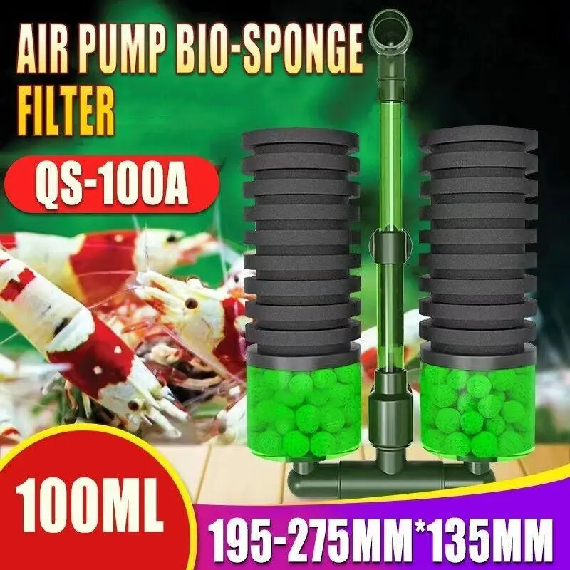 Double Head Aquarium Sponge Filter with Bio Media Box for Shrimp Breeding Tanks - Pets