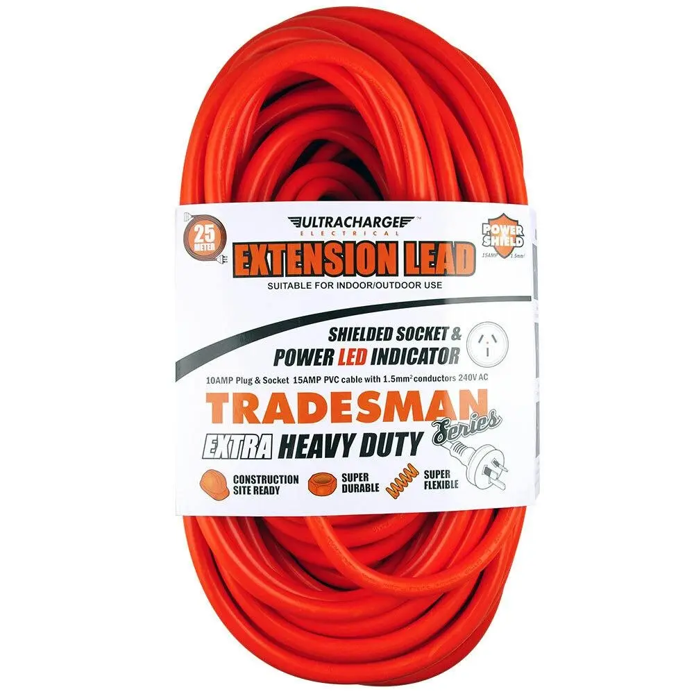 UltraCharge 25m Extension Lead Cable 10A Extra Heavy Duty Cord Plug/Socket Red - Electronics