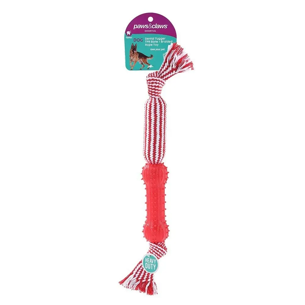 Paws & Claws 43cm Dental Tugger Dog/Pet Toy TPR Bone + Braided Rope Assorted - Pets